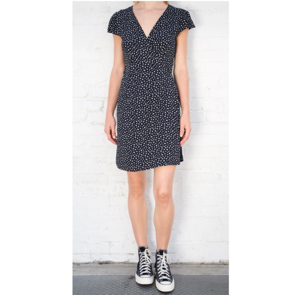 Brandy Melville Wrap Dress Mini Floral Print White on Navy One Size Fits All